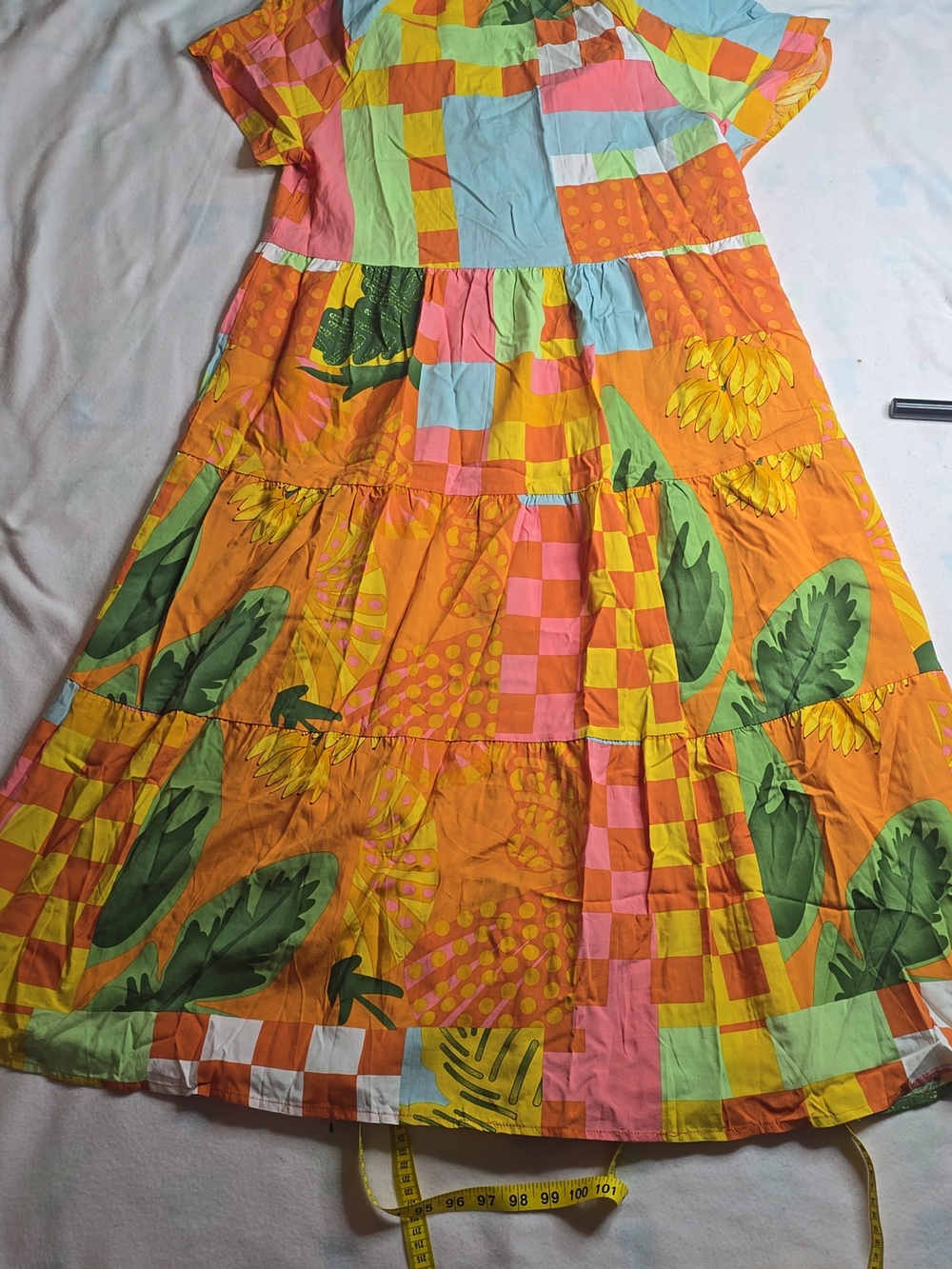 Patchwork Collared Orange Maxi Dress with Short Sleeves - Picture 8 of 10